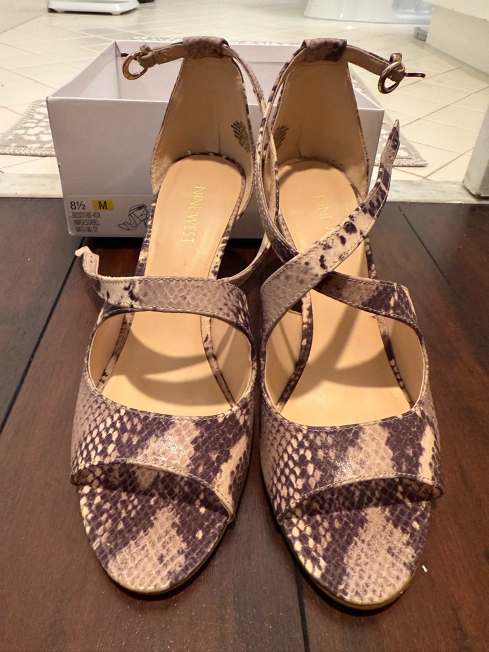 Nine West Beige and Brown Snakeskin Ankle-Strap Heels